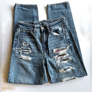 American Eagle Plaid Patchwork Distressed Mom Straight Jean